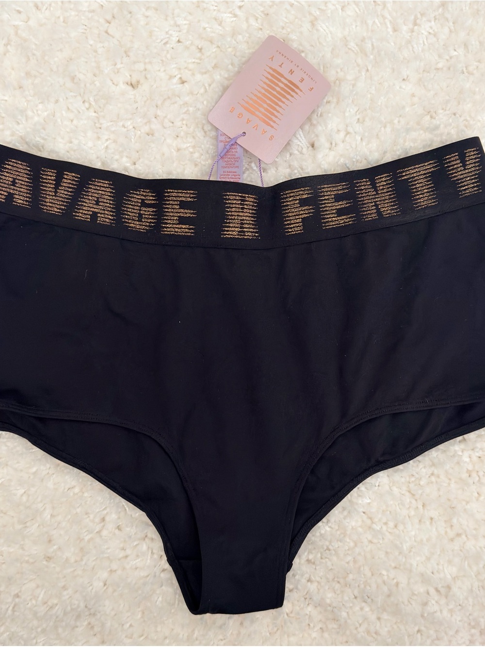 Savage X Fenty Black Boyshorts with Gold Logo Waistband-Size L NWT
